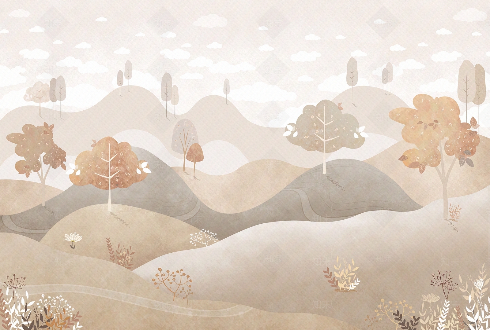 现代卡通植物风景壁画贴图下载【ID:1127695483】