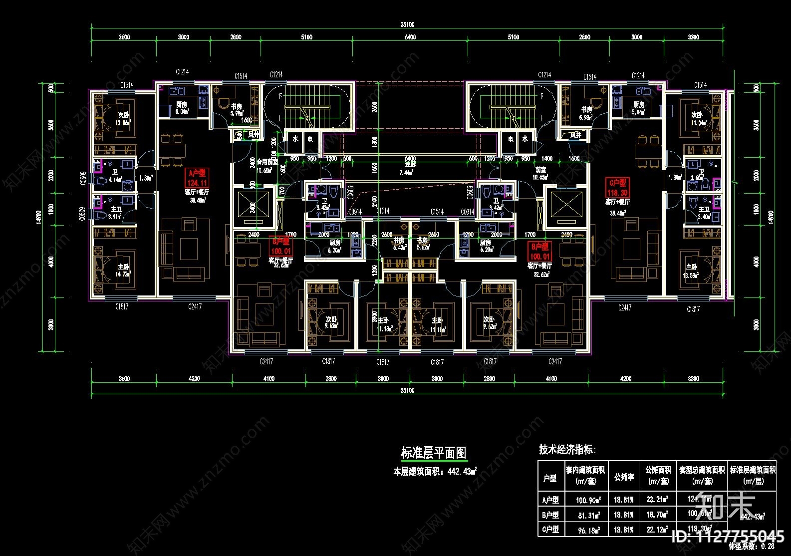 现代住宅楼建筑平面图cad施工图下载【ID:1127755045】