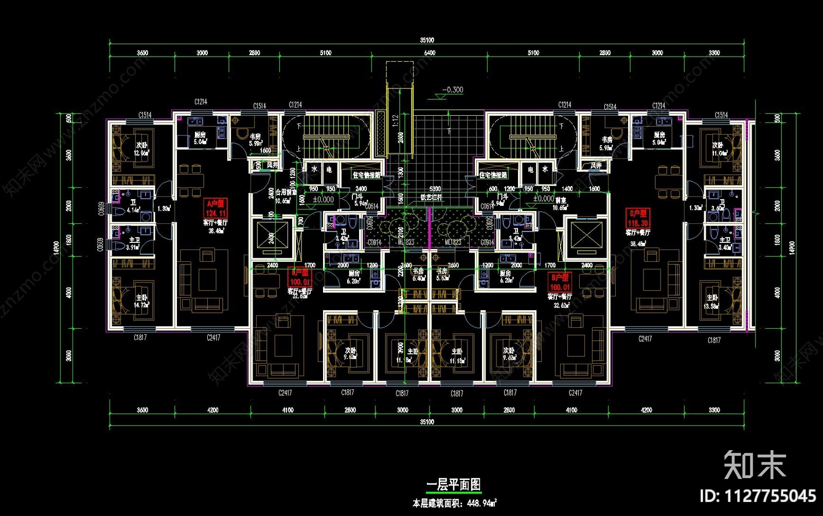 现代住宅楼建筑平面图cad施工图下载【ID:1127755045】