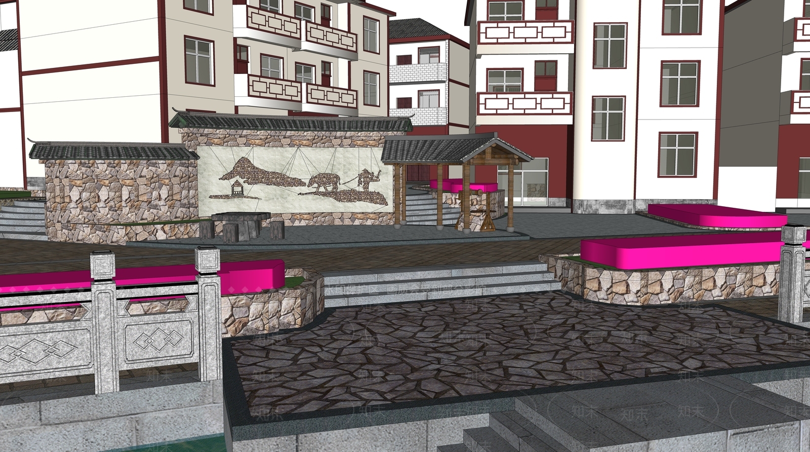 新中式美丽乡村景观SU模型下载【ID:1127768061】