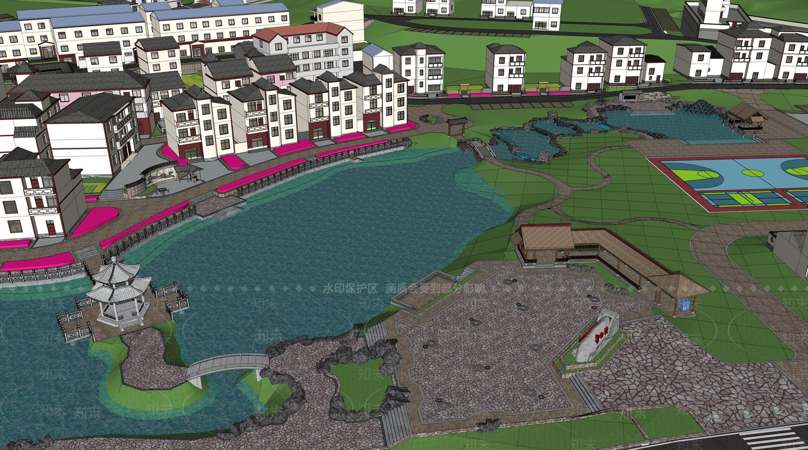 新中式美丽乡村景观SU模型下载【ID:1127768061】