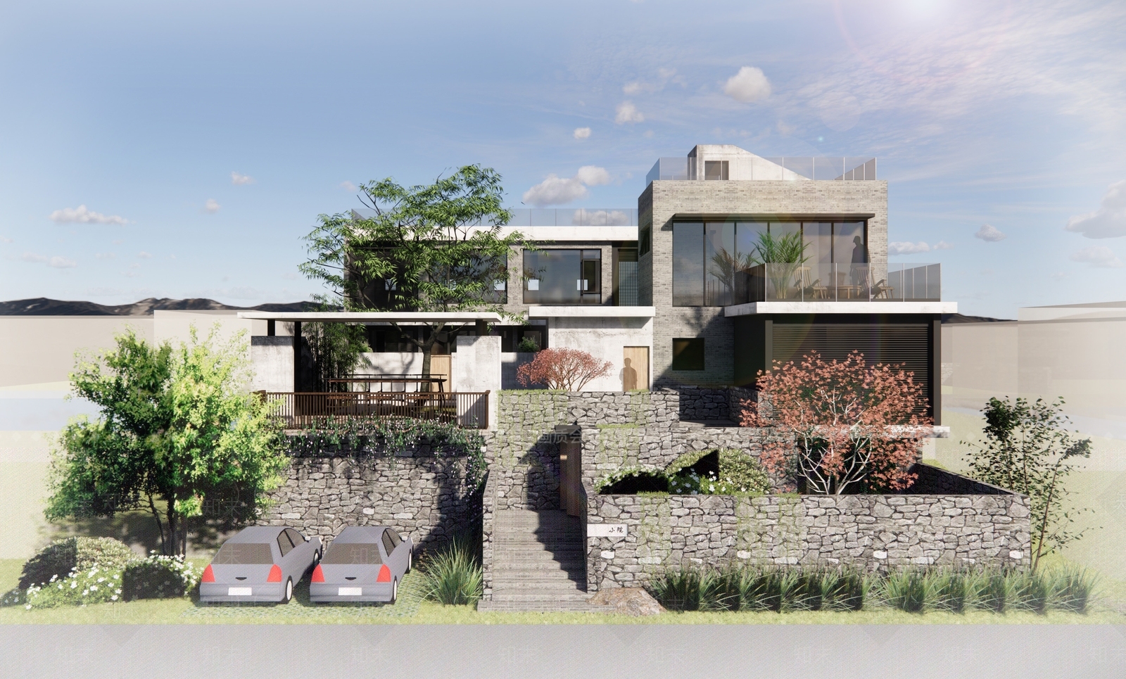 现代青砖民宿建筑SU模型下载【ID:1127787946】