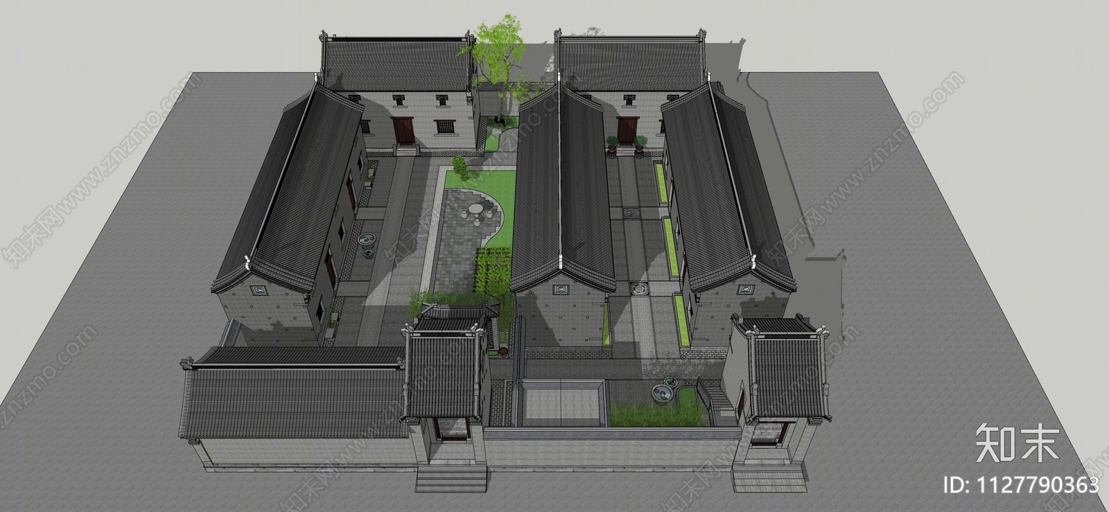 中式青砖四合院SU模型下载【ID:1127790363】