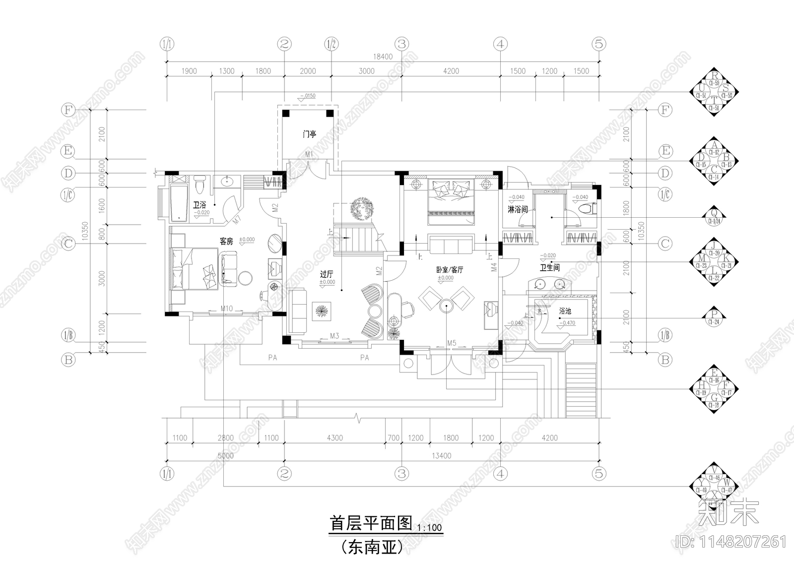 东南亚风格别墅室内cad施工图下载【ID:1148207261】