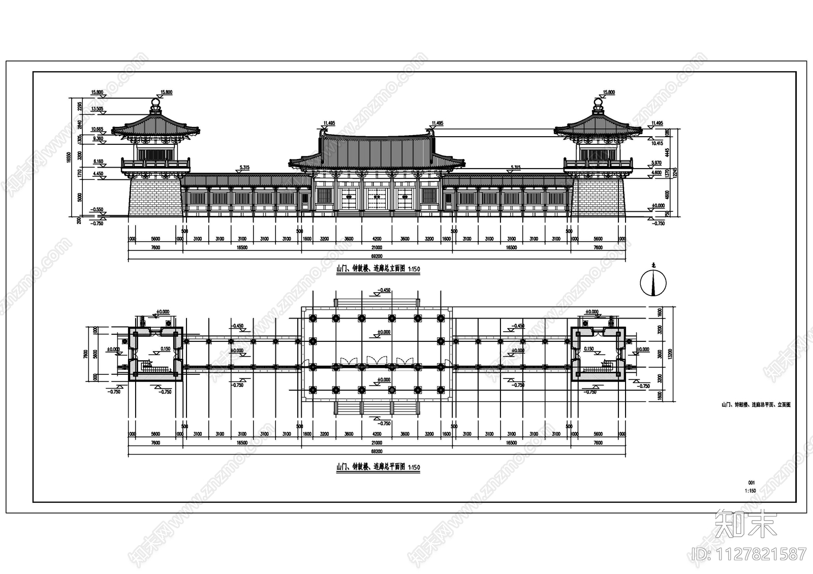 山门建筑cad施工图下载【ID:1127821587】