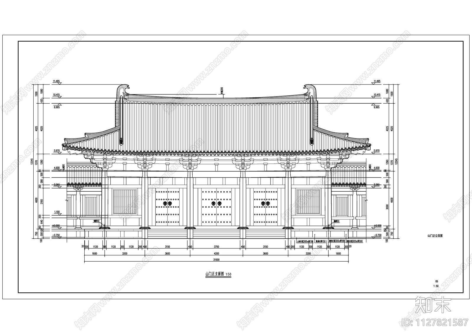 山门建筑cad施工图下载【ID:1127821587】