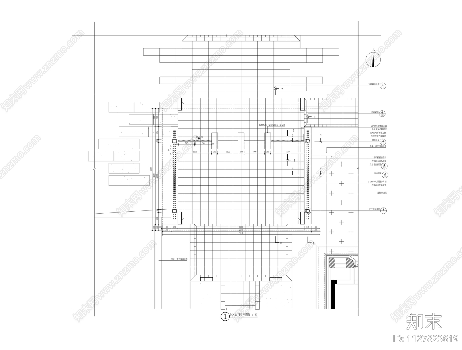 新中式入口门亭设计cad施工图下载【ID:1127823619】