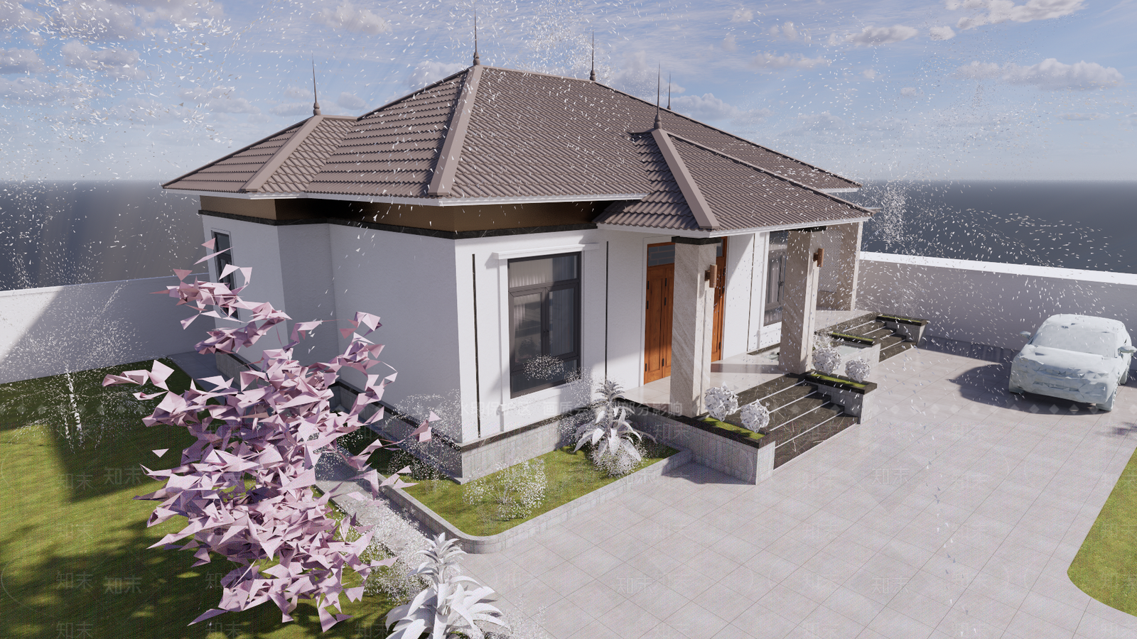 现代坡屋顶独栋别墅SU模型下载【ID:1127831019】