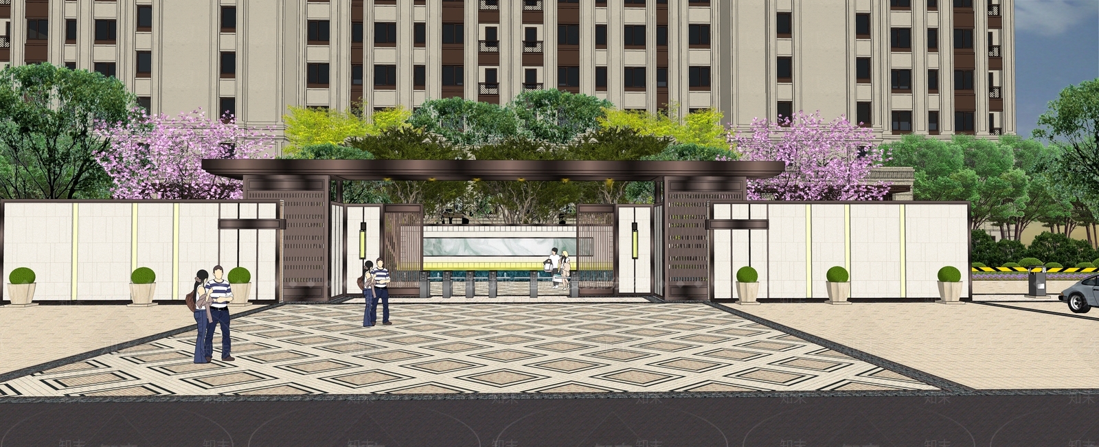 新中式别墅区入口大门SU模型下载【ID:1127903108】