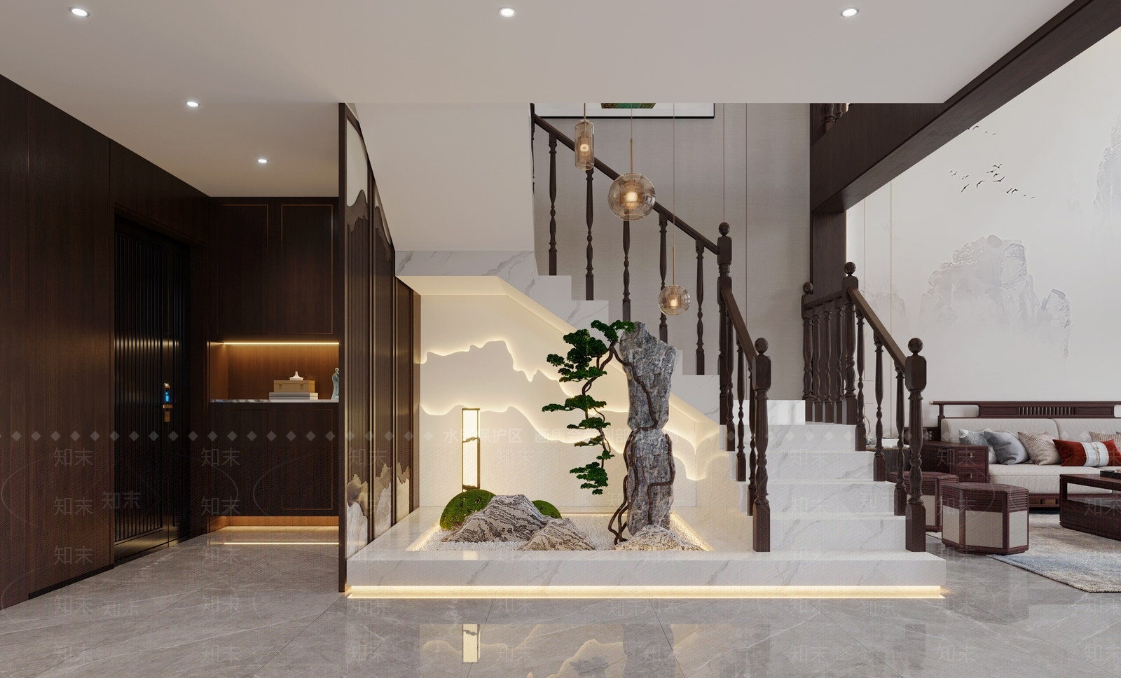 新中式楼梯间3D模型下载【ID:1128010967】