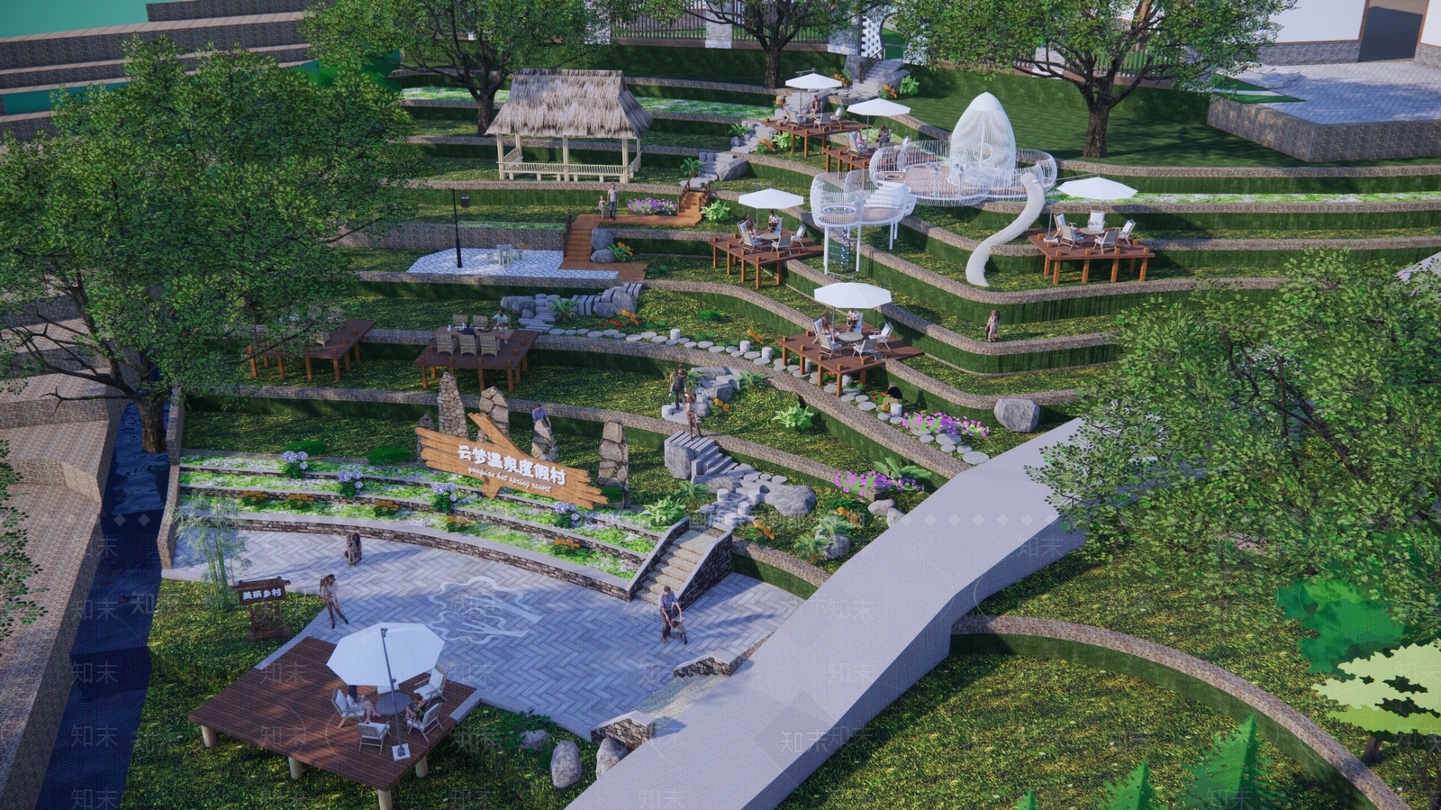 新中式公园景观SU模型下载【ID:1128028850】