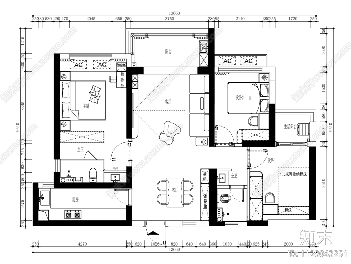 现代小区住宅110㎡户型cad施工图下载【ID:1128043251】