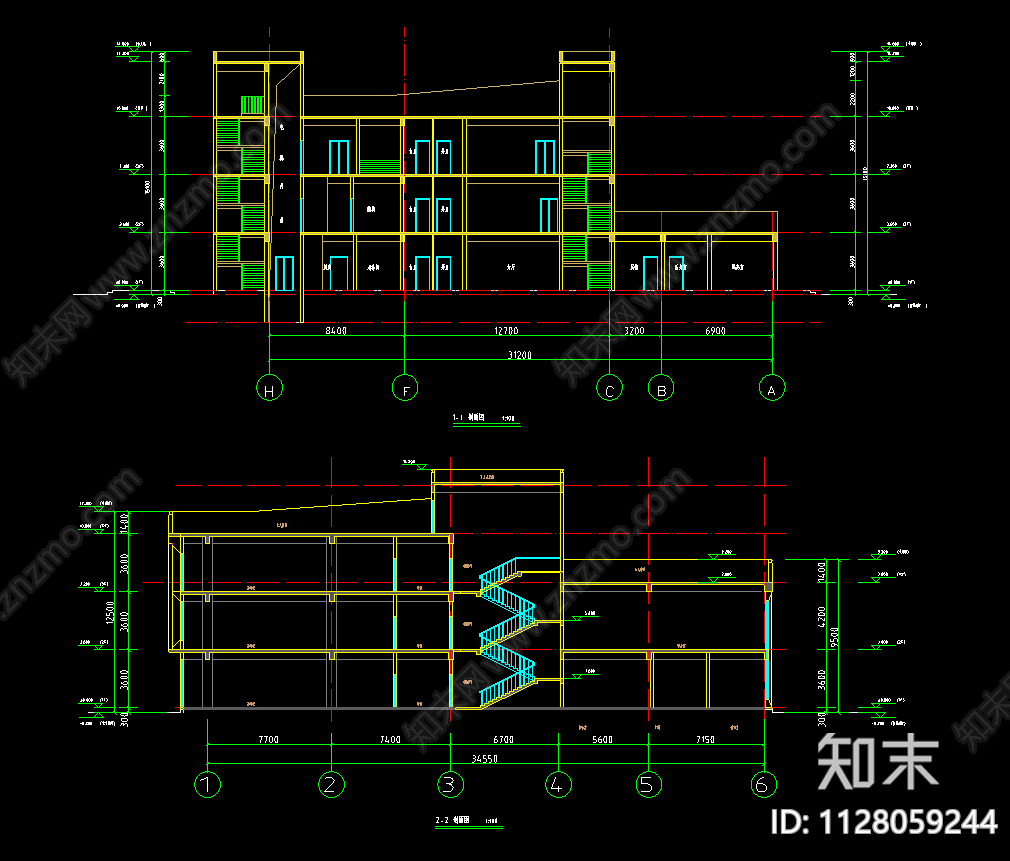 现代简约12班幼儿园cad施工图下载【ID:1128059244】