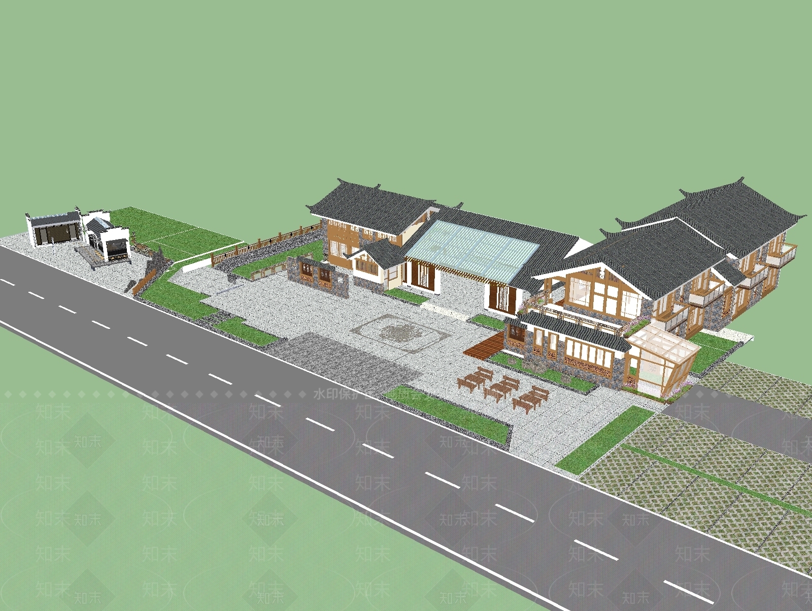 新中式游客中心SU模型下载【ID:1128064989】