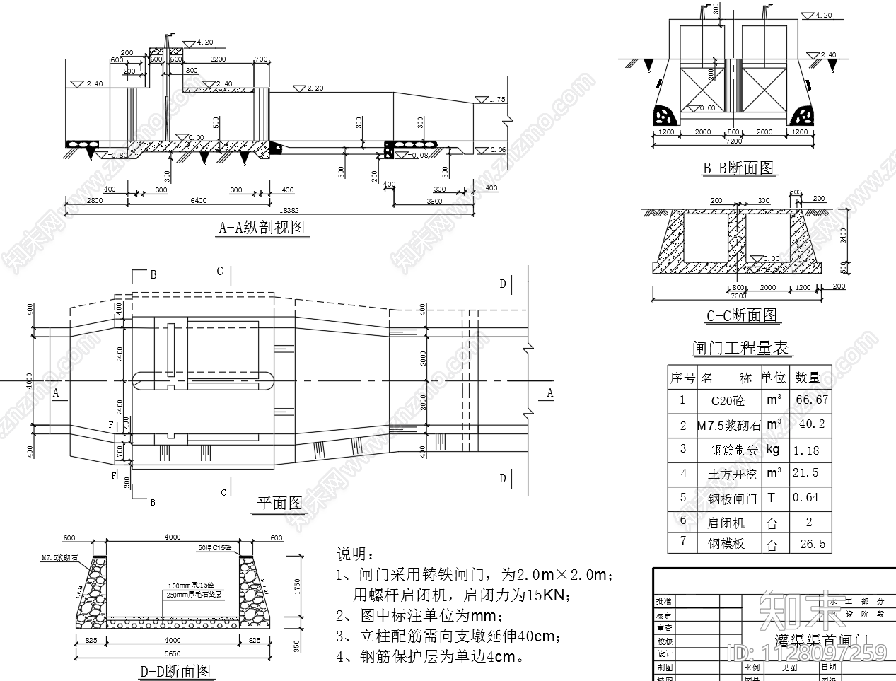 灌渠渠首闸门平面剖面断面图施工图下载【ID:1128097259】