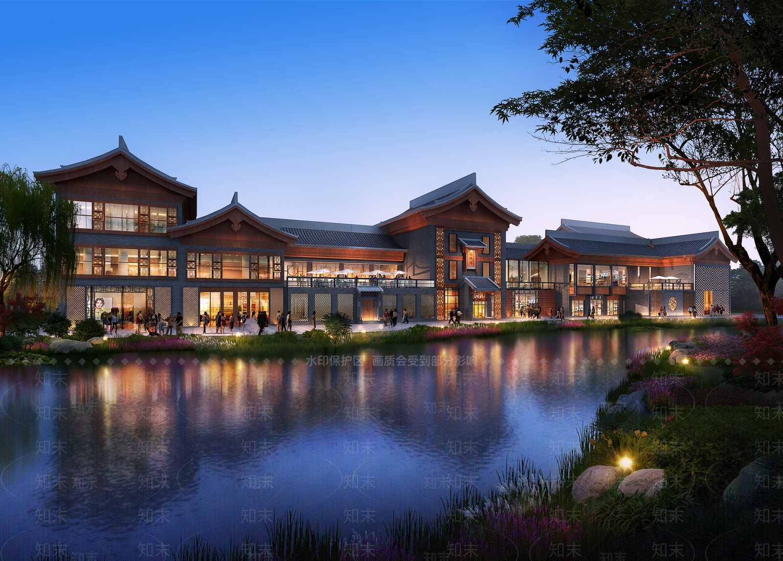 中式商业街滨水景观3D模型下载【ID:1128102476】