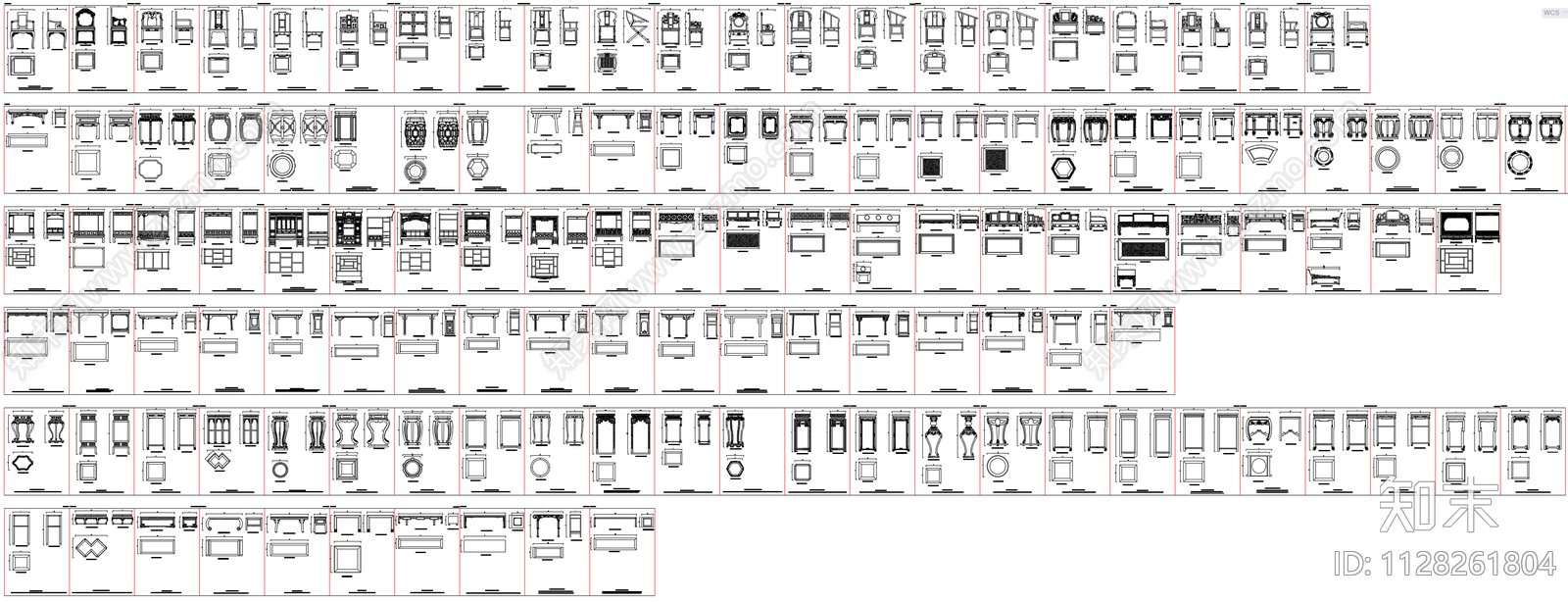 中式风格家具三视图施工图下载【ID:1128261804】
