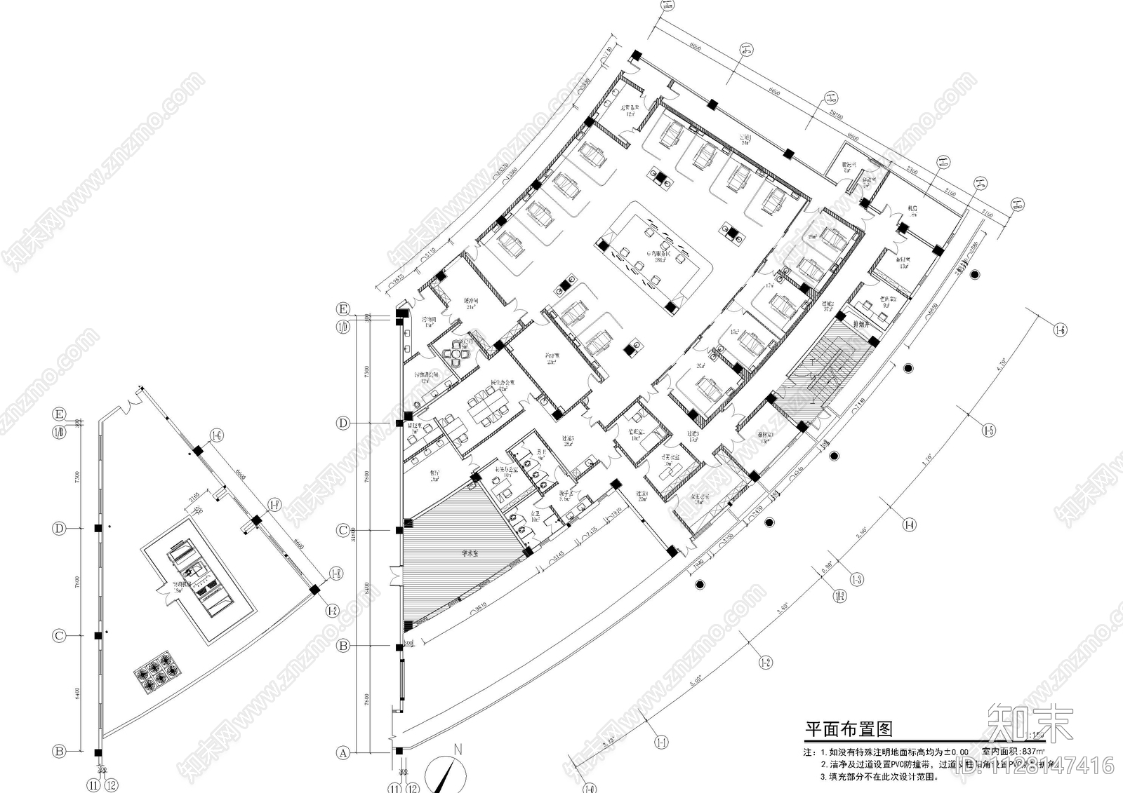 ICU门诊部病房平面图cad施工图下载【ID:1128147416】