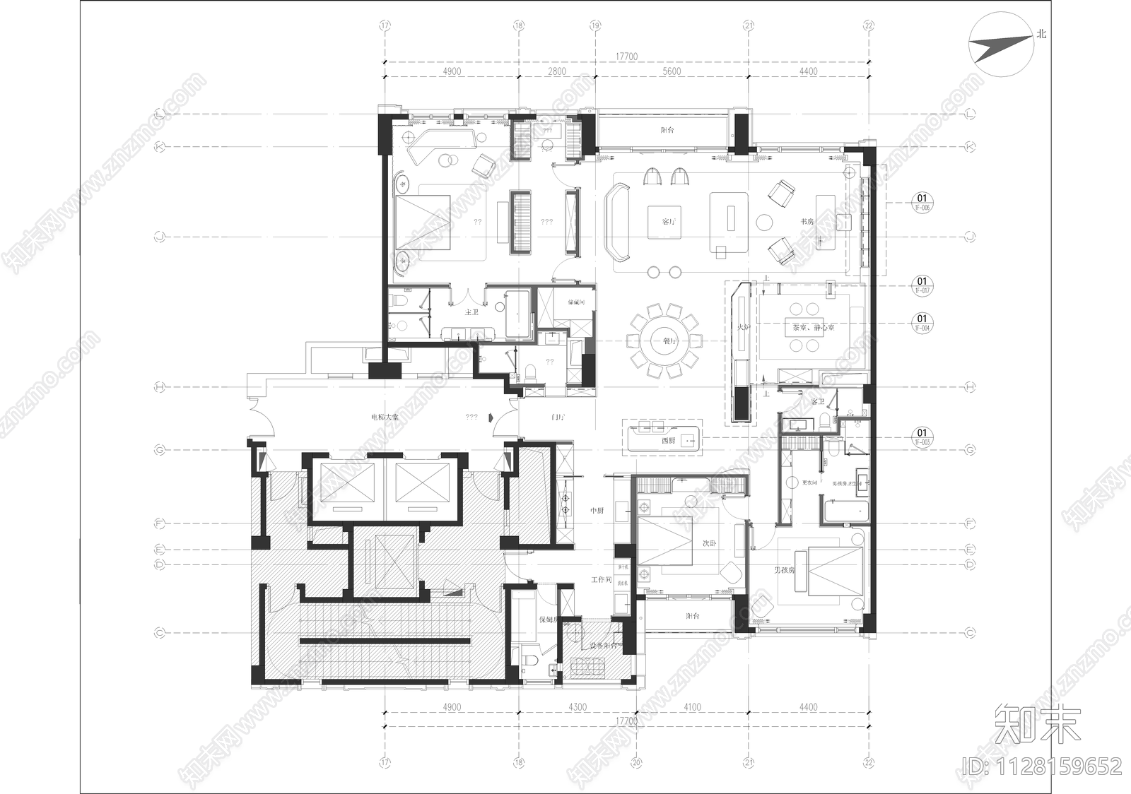 现代风格大平层cad施工图下载【ID:1128159652】