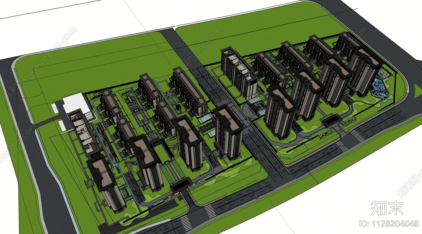 新中式风格居住区建筑SU模型下载【ID:1128204048】