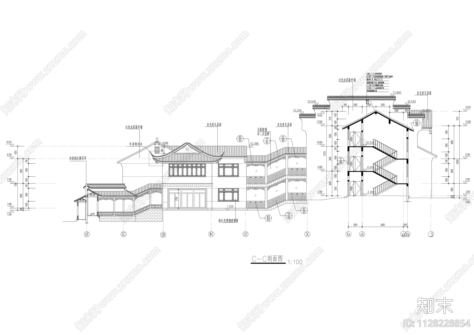 中式度假山庄建筑cad施工图下载【ID:1128228854】