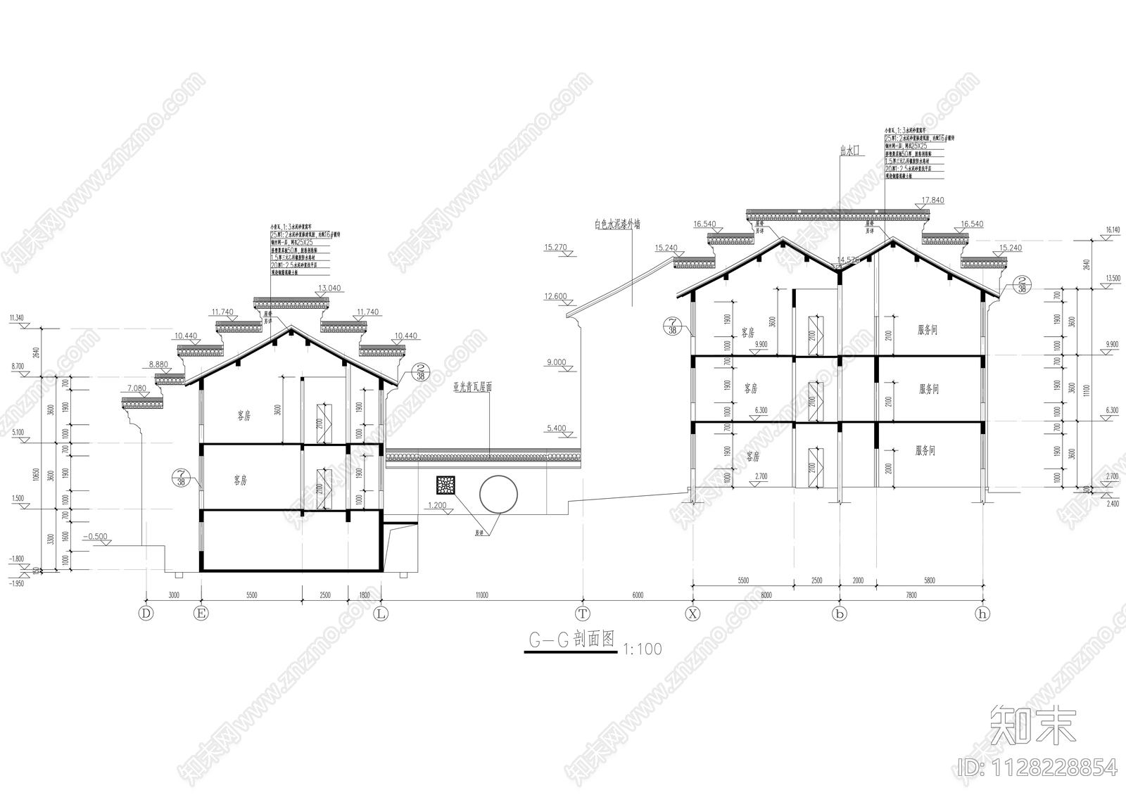 中式度假山庄建筑cad施工图下载【ID:1128228854】