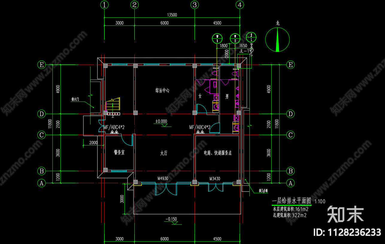 滨湖花园小区物业用房给排水cad施工图下载【ID:1128236233】