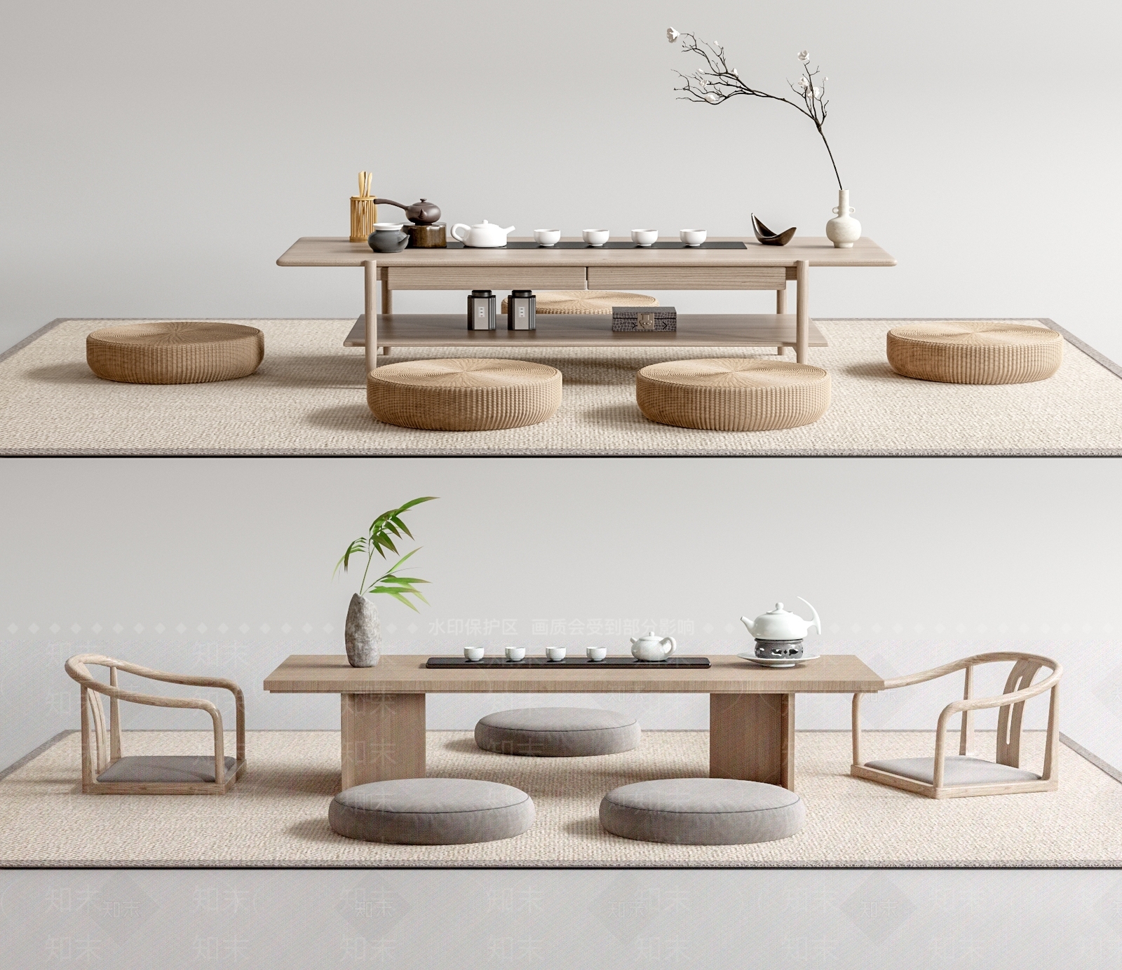 日式榻榻米茶桌椅组合3D模型下载【ID:1128280401】