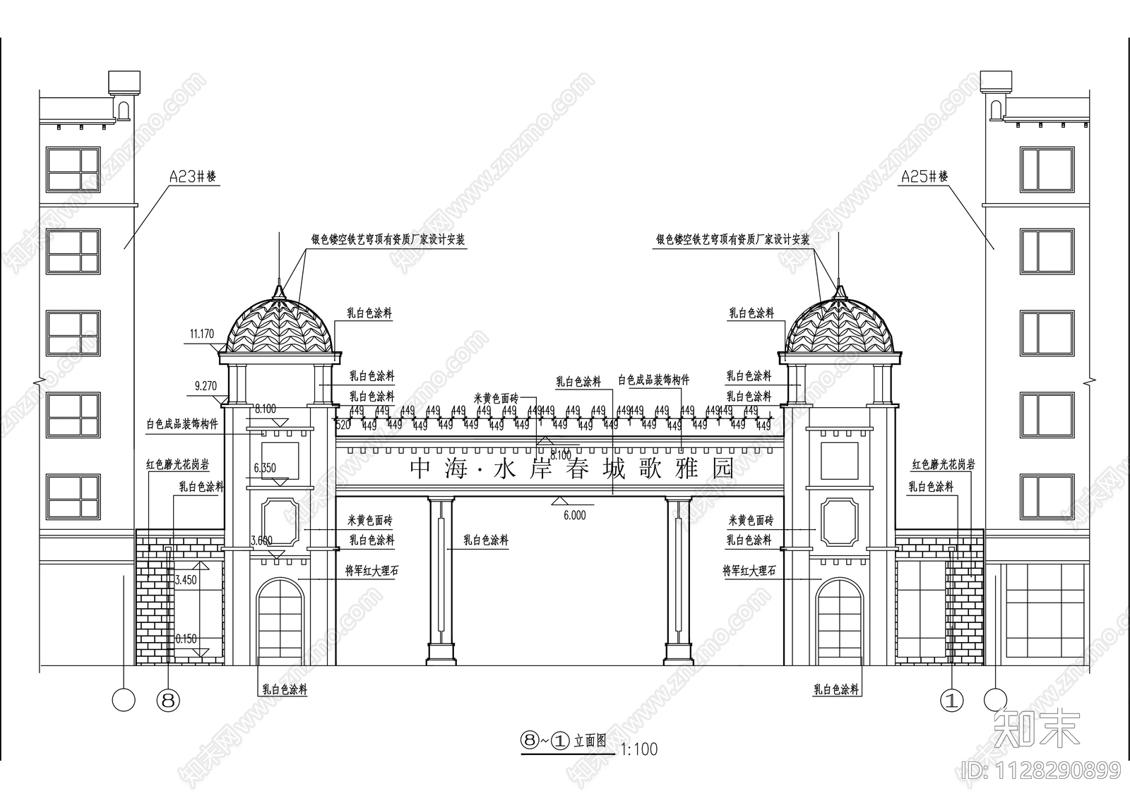 小区大门cad施工图下载【ID:1128290899】