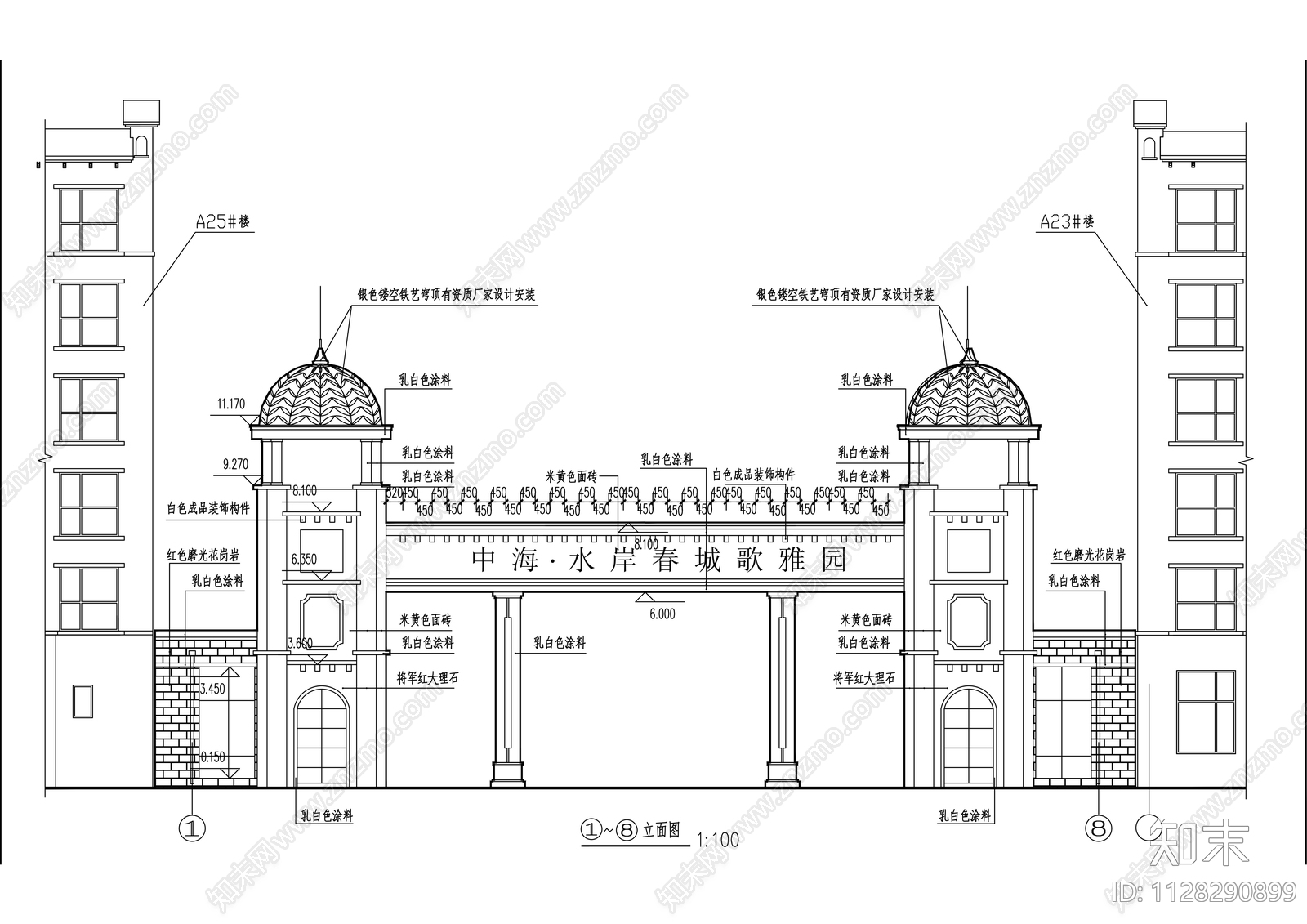 小区大门cad施工图下载【ID:1128290899】