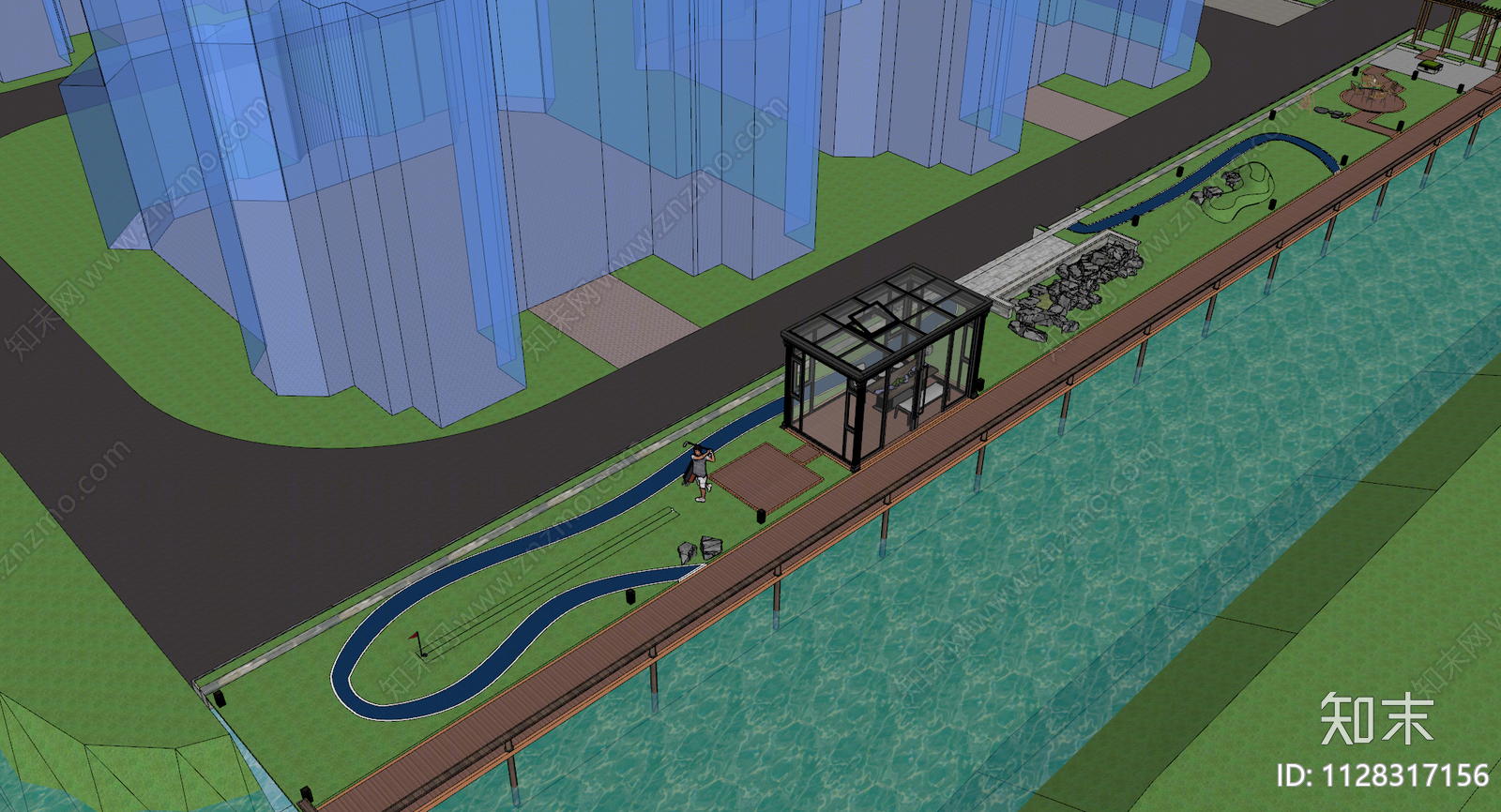 现代滨水小公园SU模型下载【ID:1128317156】