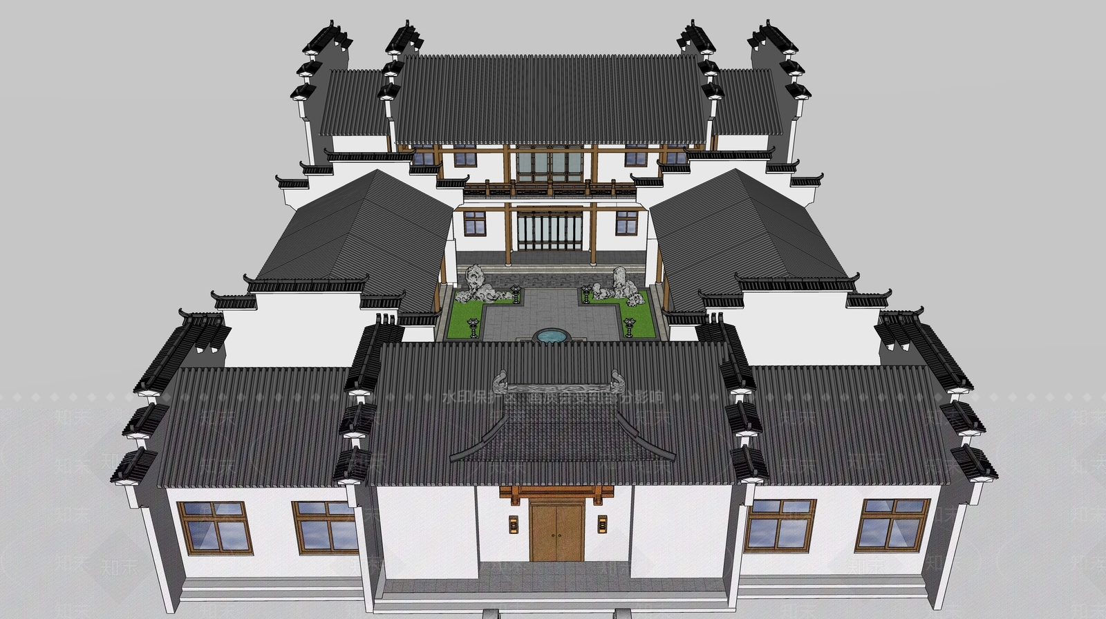 现代徽派四合院SU模型下载【ID:1128317722】