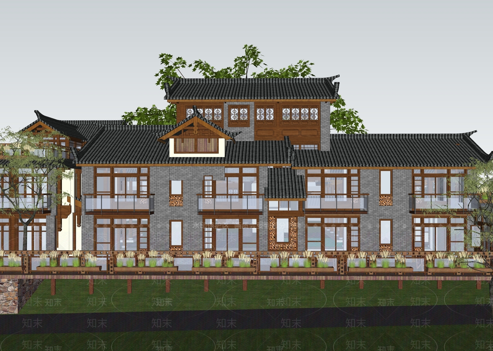 新中式民宿建筑SU模型下载【ID:1128319857】_知末su模型网