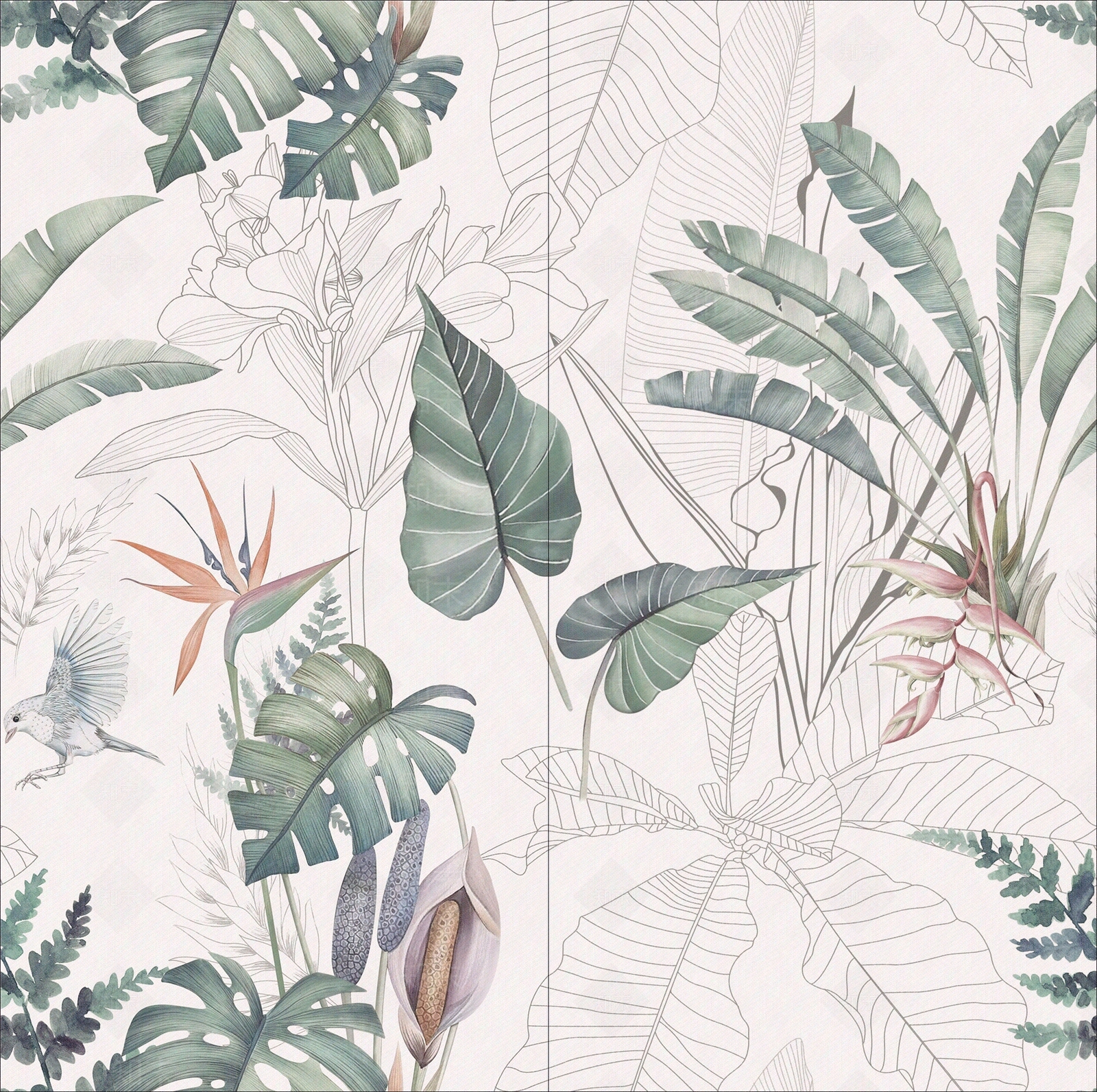 热带雨林植物印花艺术砖贴图下载【ID:1128341964】