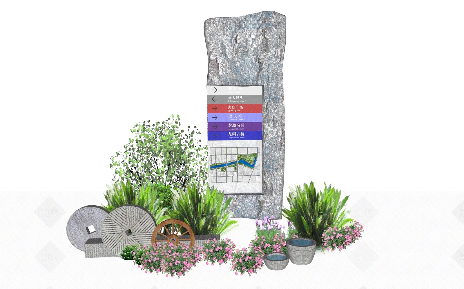 新中式入口石头指示牌SU模型下载【ID:1128358866】