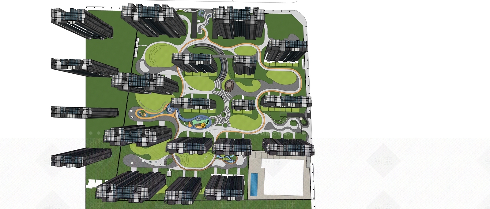 现代居住小区SU模型下载【ID:1128390399】
