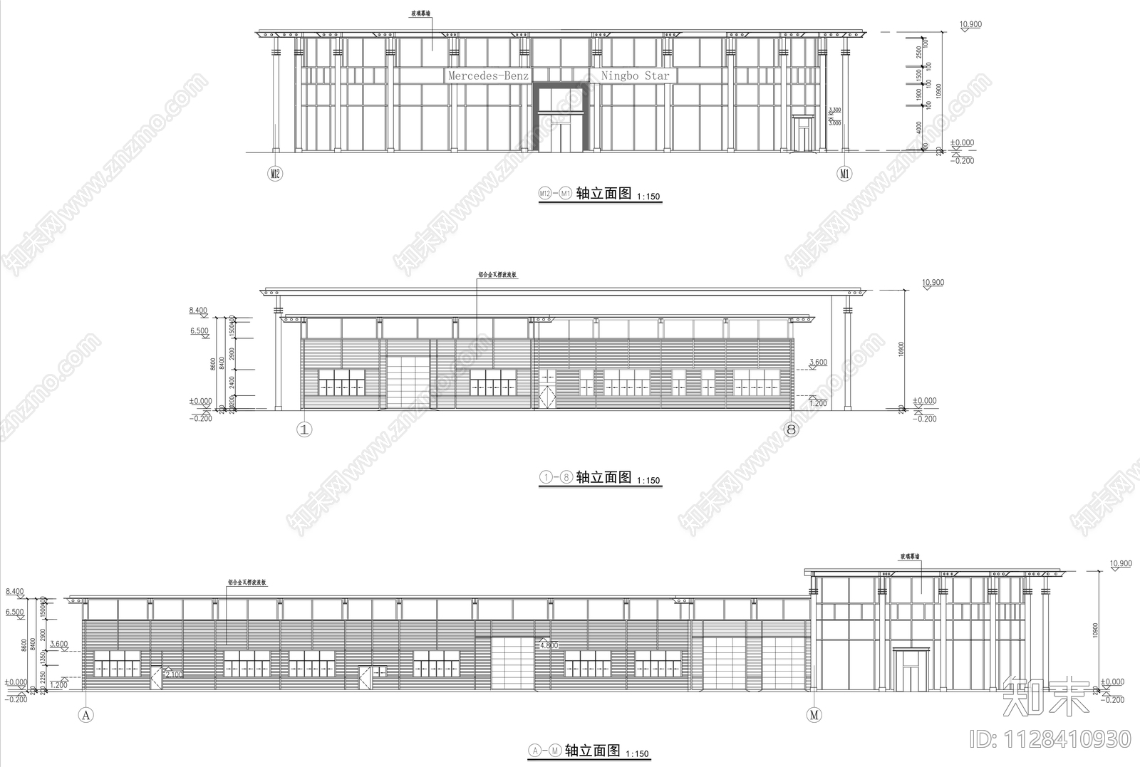 奔驰展厅建筑cad施工图下载【ID:1128410930】