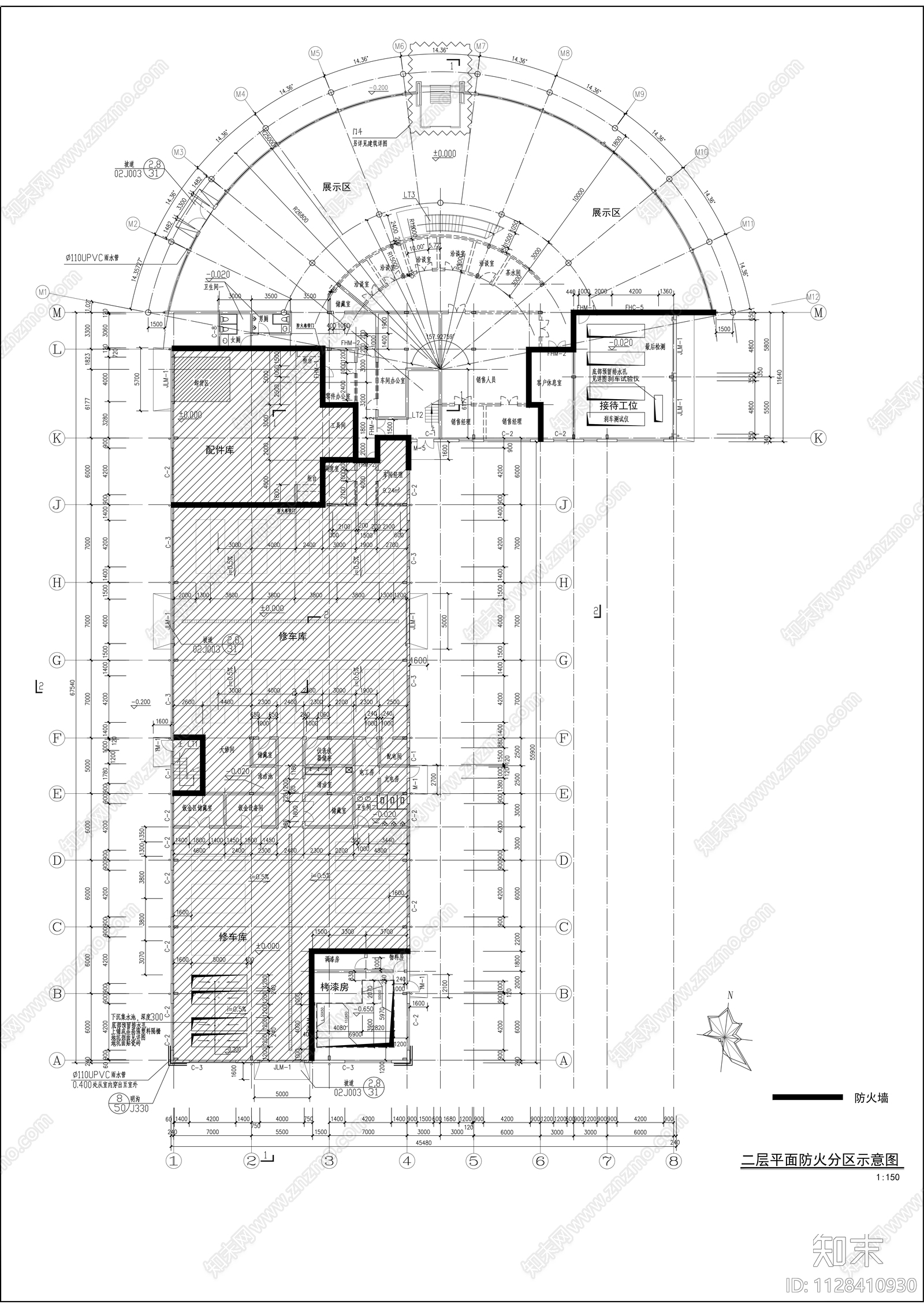 奔驰展厅建筑cad施工图下载【ID:1128410930】