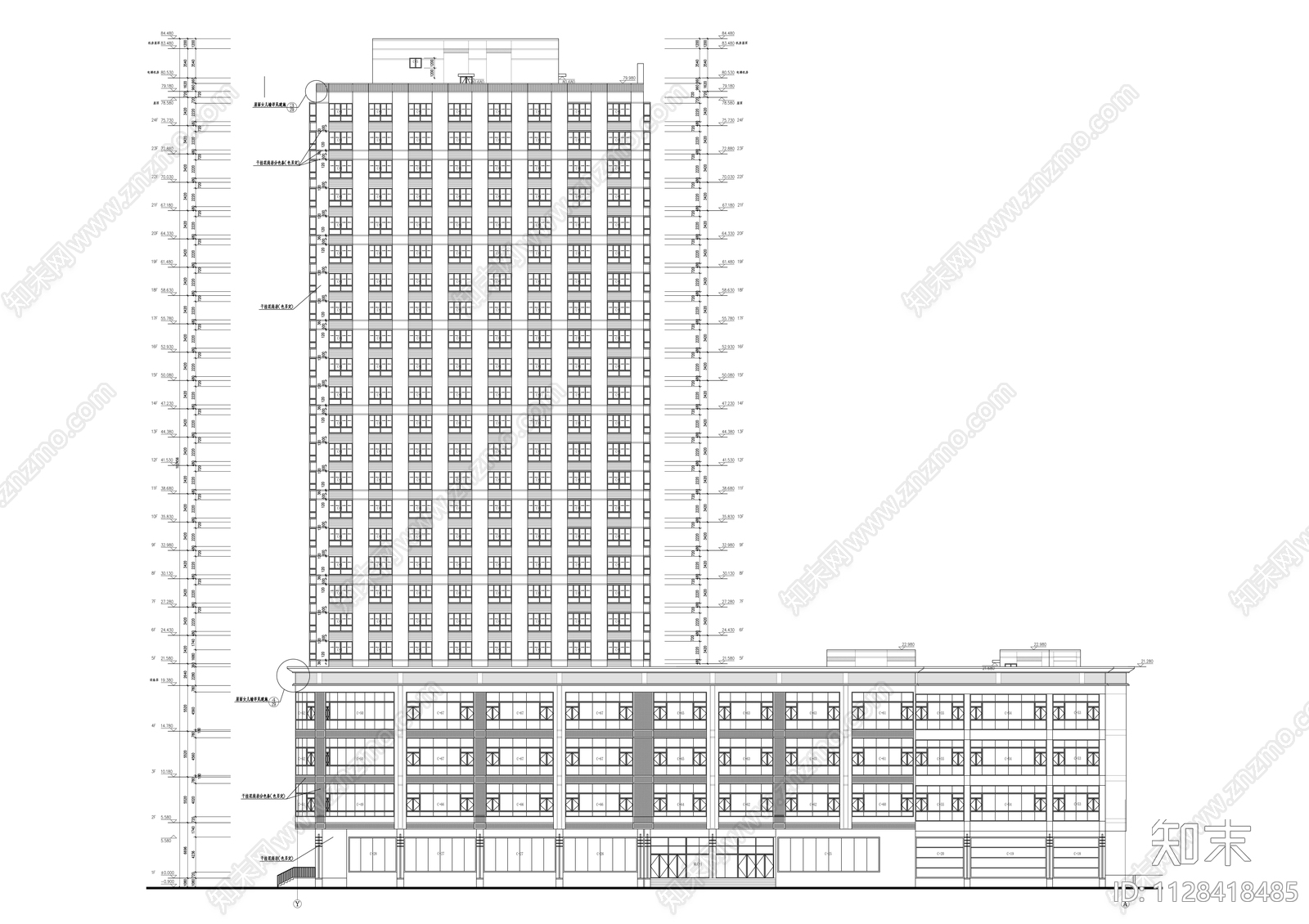 二十四层商务大厦建筑cad施工图下载【ID:1128418485】