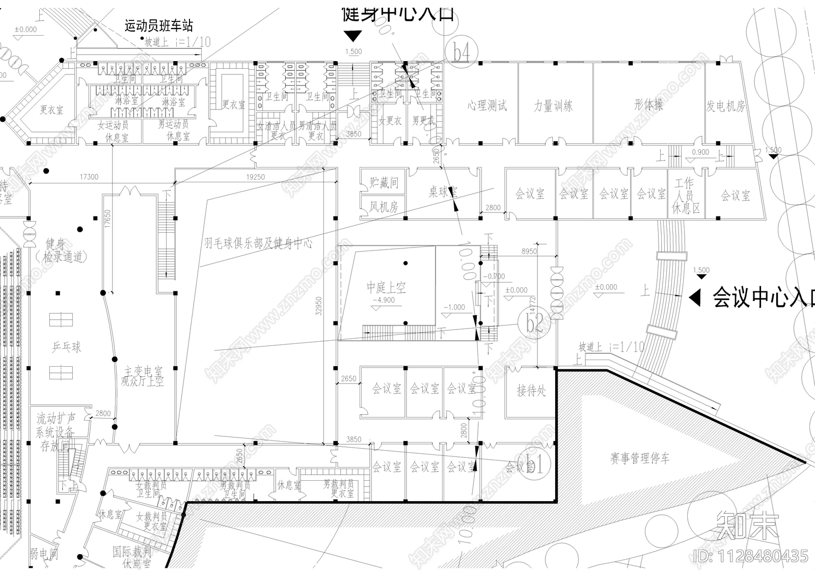 体育馆首层平面图cad施工图下载【ID:1128480435】