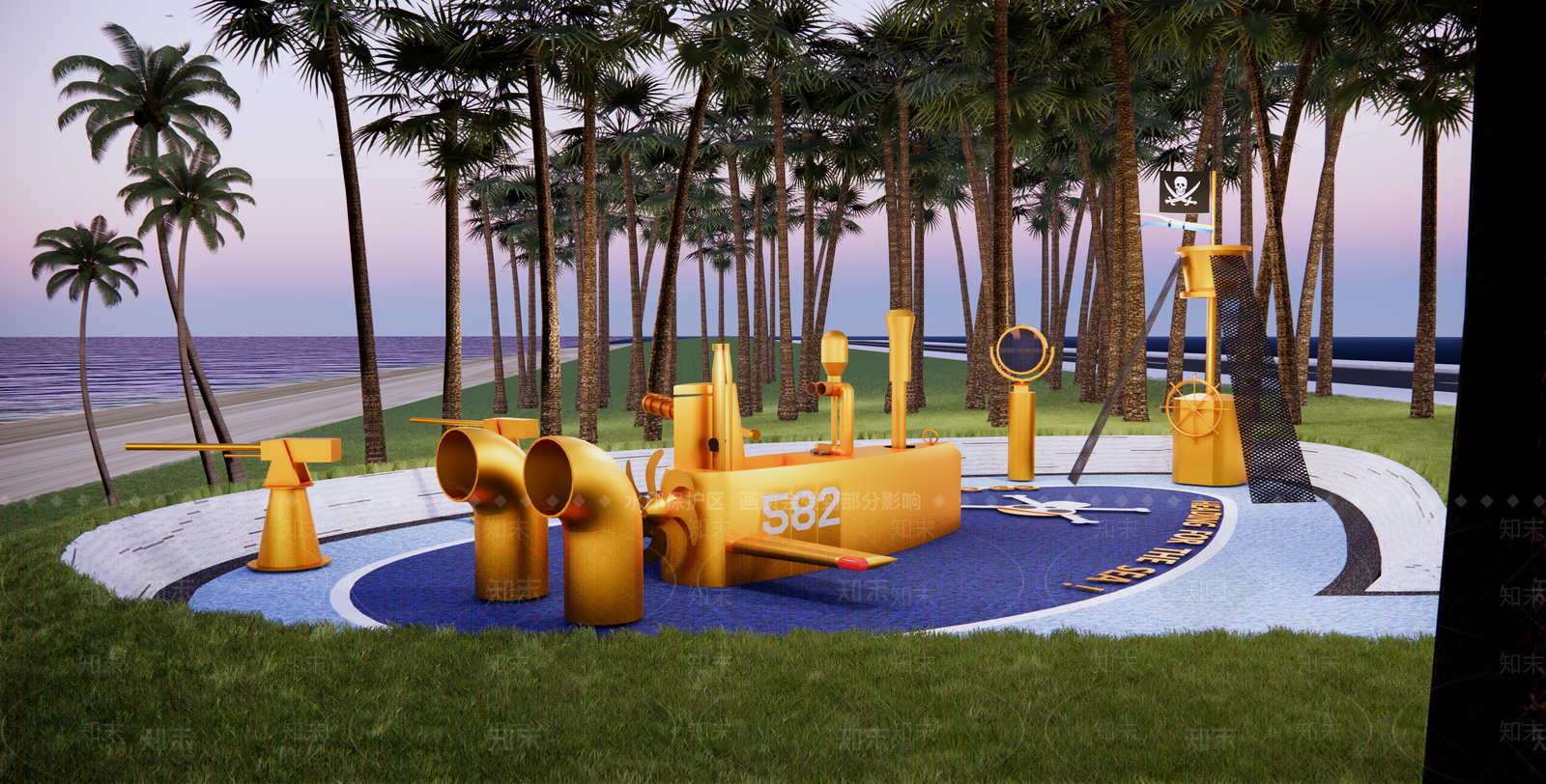 现代海盗船主题儿童游乐区SU模型下载【ID:1128603757】