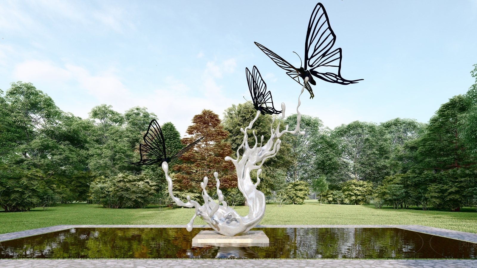 现代异形水滴蝴蝶雕塑小品SU模型下载【ID:1128633292】