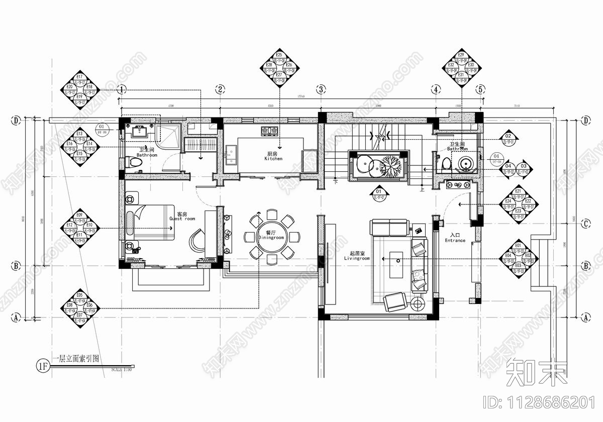 四层别墅室内cad施工图下载【ID:1128686201】