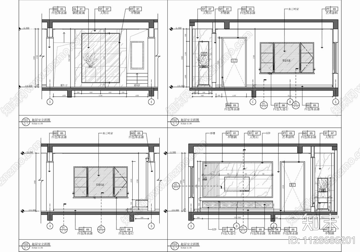 四层别墅室内cad施工图下载【ID:1128686201】