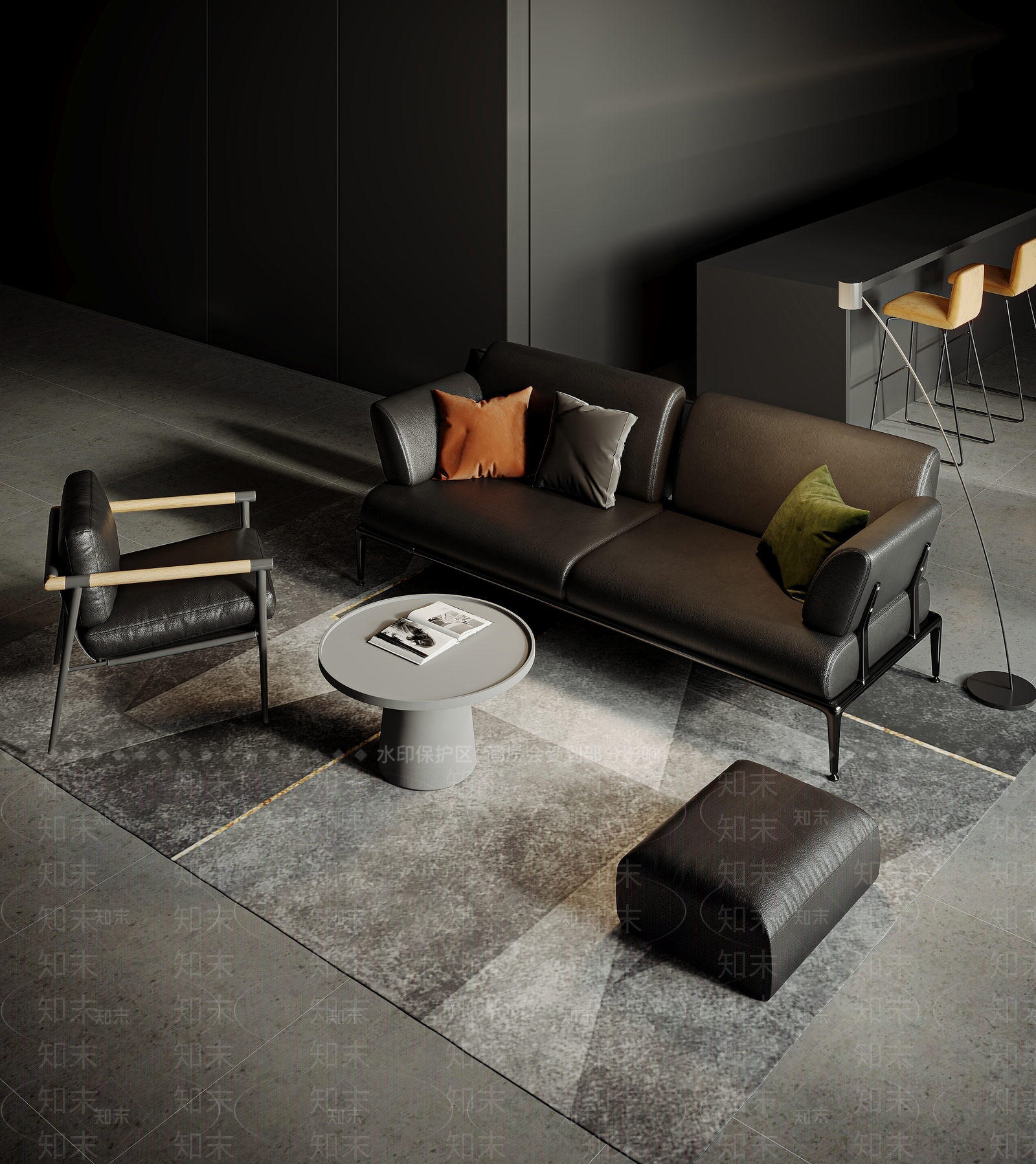 现代黑色皮革沙发茶几组合3D模型下载【ID:1128800903】