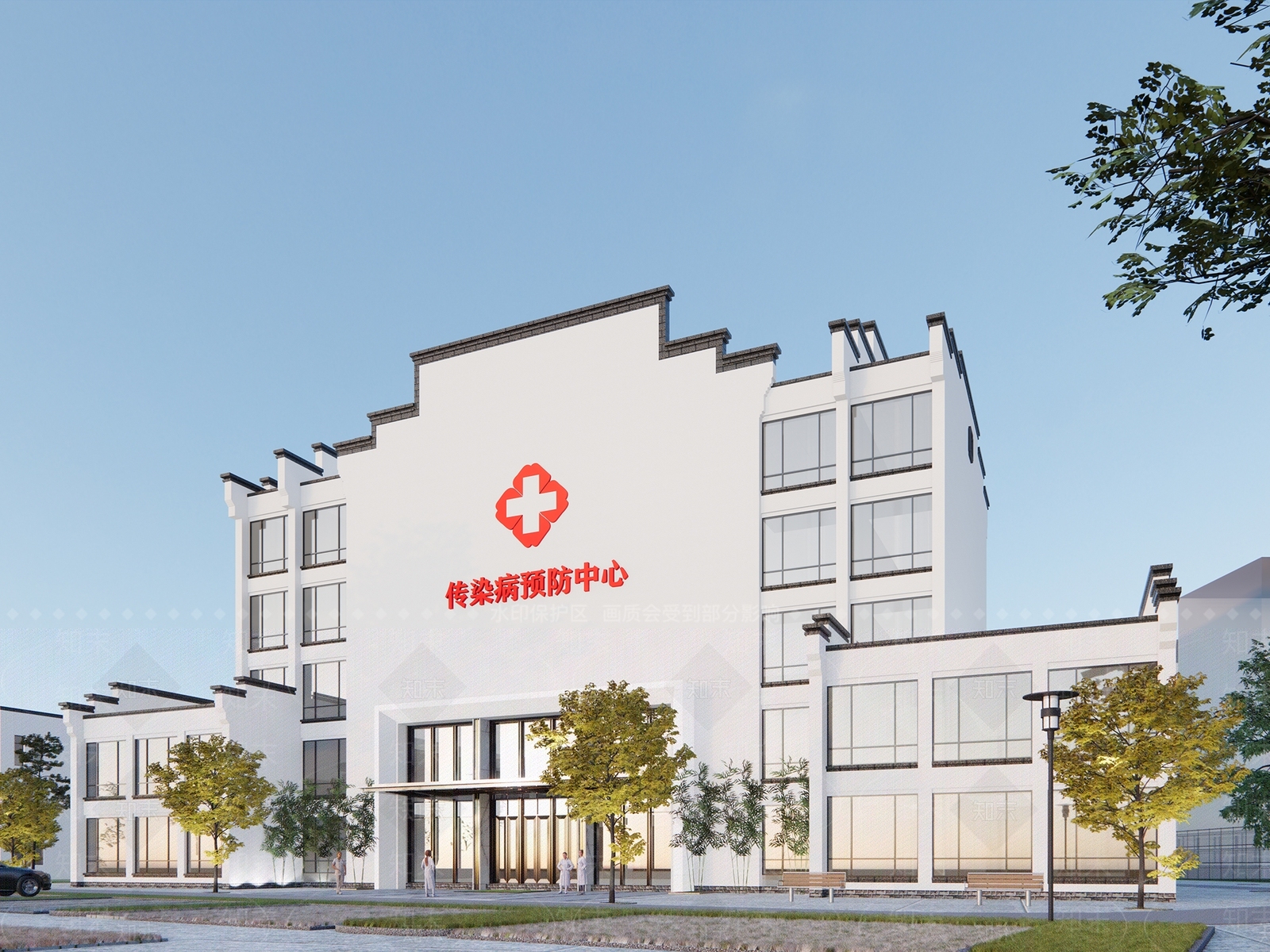 新徽派风格传染病卫生院办公建筑SU模型下载【ID:1129064965】
