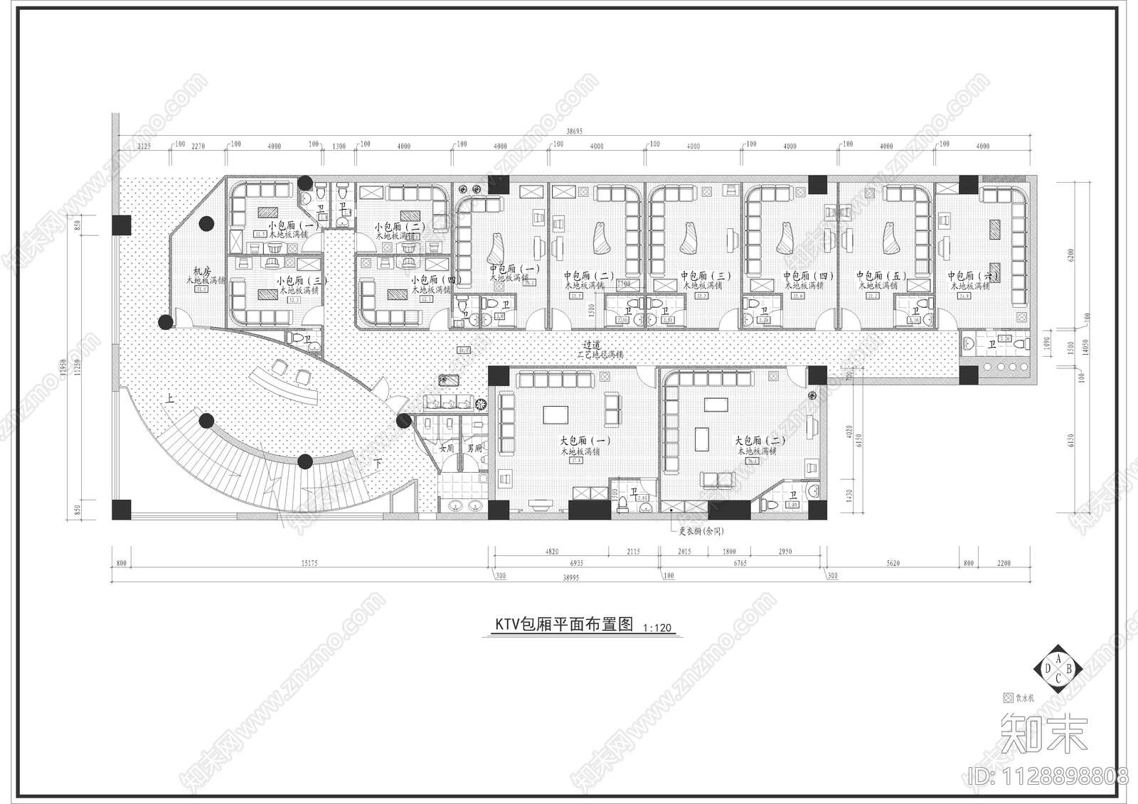 KTV包房全套cad施工图下载【ID:1128898808】