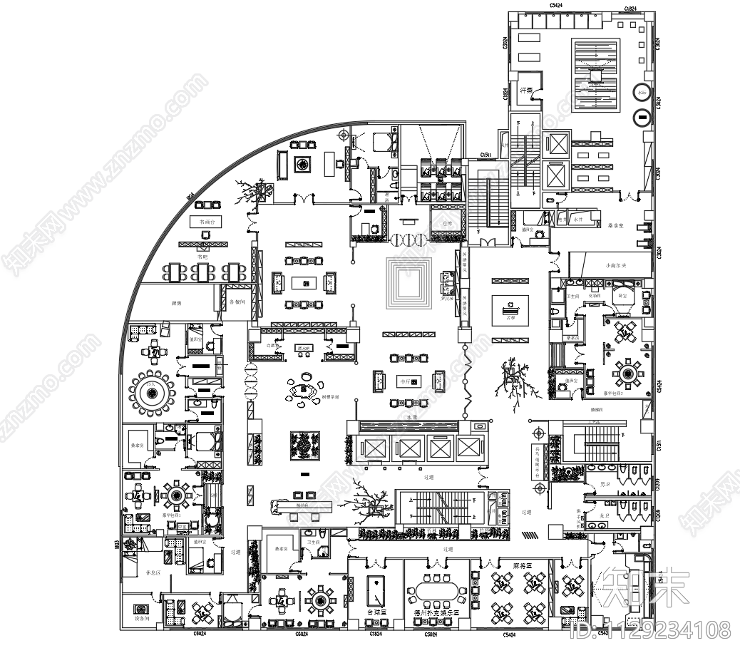 新中式风格会所平面方案施工图下载【ID:1129234108】