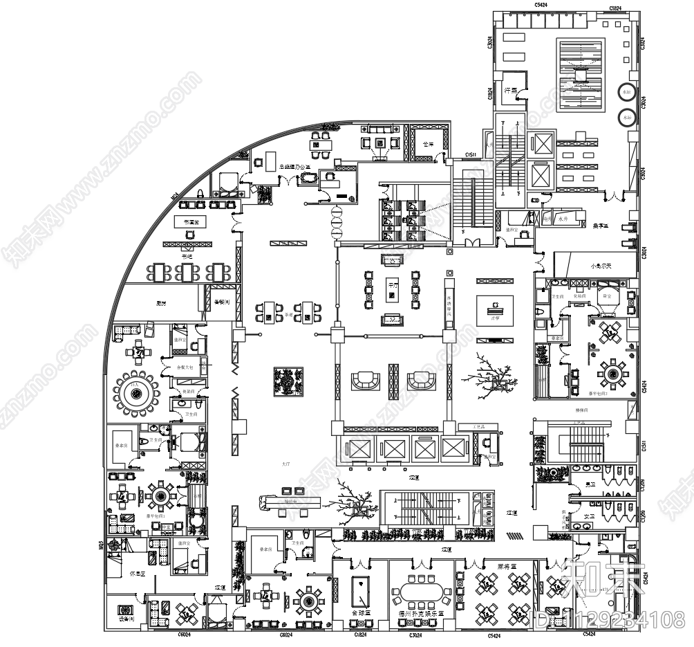 新中式风格会所平面方案施工图下载【ID:1129234108】