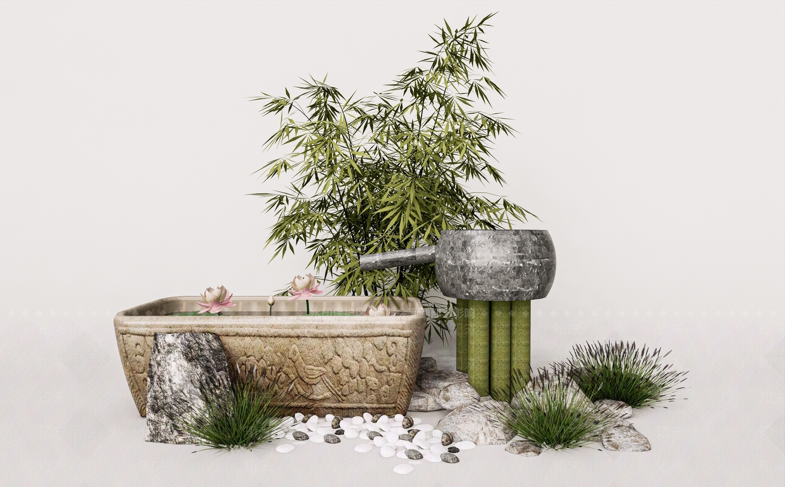 新中式庭院景观小品SU模型下载【ID:1129067344】